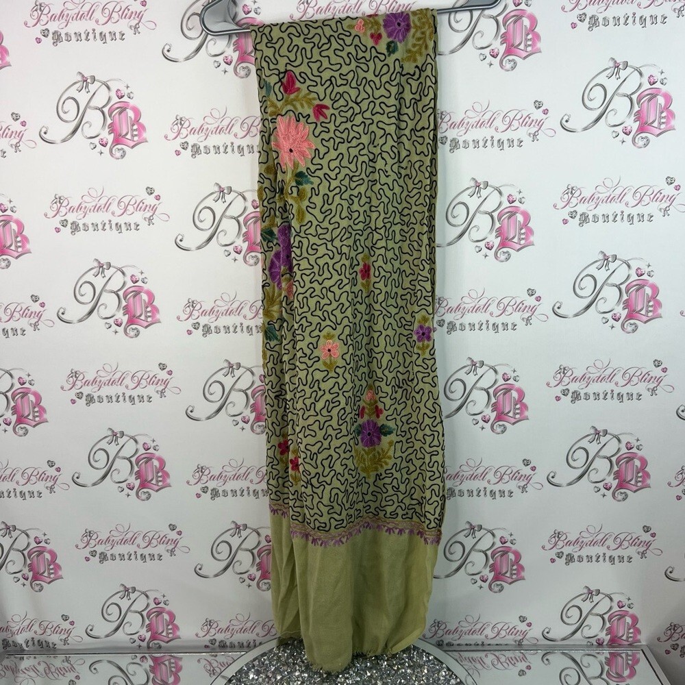 Scarf wrap dress or skirt embroidered flowers Floral Green and Pink Scarf shawl